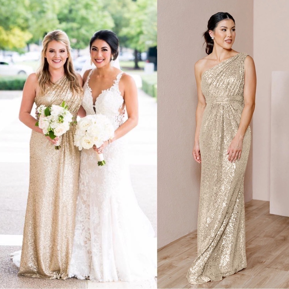 Revelry • Starla gown one shoulder Ivory Gold sequin floor length bridesmaid